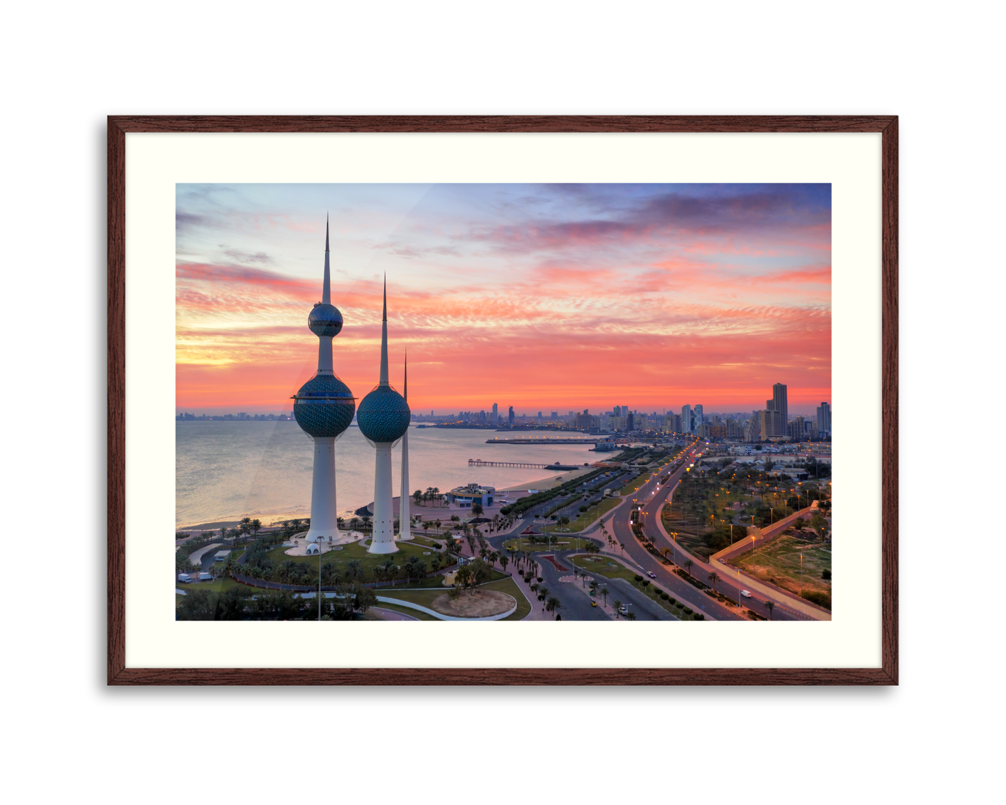 Kuwait Tower On Fire Sunrise Aerial